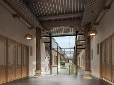 Spacious Traditional Chinese Elevator Hallway with Wooden Ceiling Lantern Lights Glass Doors and Green Plants 3d model