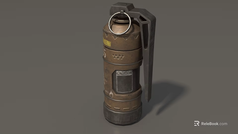 Military Weapon Grenade With Brown Body Yellow Caution Label And Metal Ring Handle 3d model 