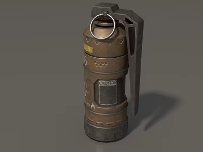 Military Weapon Grenade With Brown Body Yellow Caution Label And Metal Ring Handle 3d model