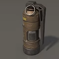Military Weapon Grenade With Brown Body Yellow Caution Label And Metal Ring Handle
