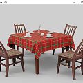 Classic Dining Table Set with Red Green Plaid Tablecloth and Wooden Chairs with Woven Seats