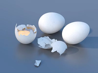 White Fresh Whole Eggs And One Broken Egg With Scattered Shell Pieces 3d model