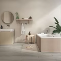 Minimalist Modern Bathroom Interior With Round Mirror Vanity Sink Wall Shelf And Freestanding Bathtub