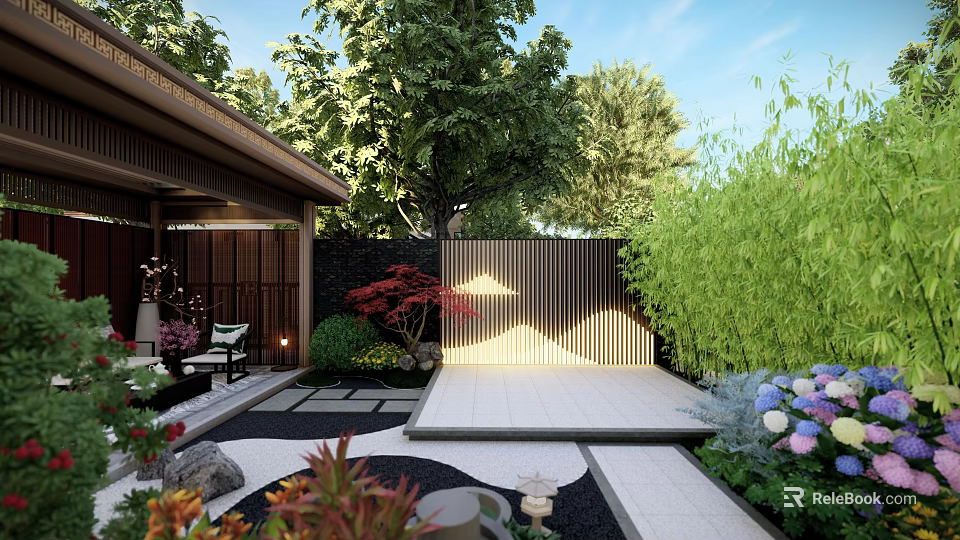 Traditional Japanese Garden Landscape with Wooden Structure Dry Stone Path Green Plants And Colorful Flowers 3d model 