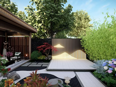 Traditional Japanese Garden Landscape with Wooden Structure Dry Stone Path Green Plants And Colorful Flowers 3d model