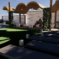 Garden Landscape Design With Wooden Pergola White Chairs Green Plants And Grass Area