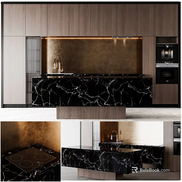 Modern Kitchen Interior With Wooden Cabinets Black Marble Countertop And Golden Backsplash 3d model 
