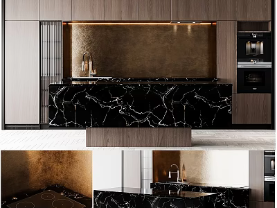 Modern Kitchen Interior With Wooden Cabinets Black Marble Countertop And Golden Backsplash 3d model