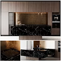 Modern Kitchen Interior With Wooden Cabinets Black Marble Countertop And Golden Backsplash