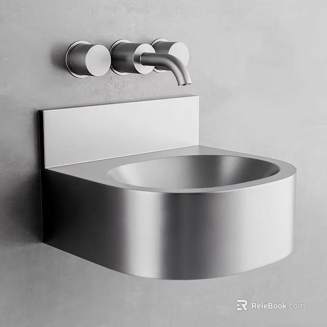 Modern Wall Mounted Silver Sink with Faucet and Knobs in Bathroom Design 3d model 