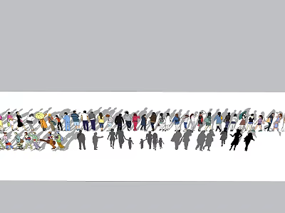 Group of People With Diverse Poses And Clothing In Colorful And Black White Silhouettes 3d model