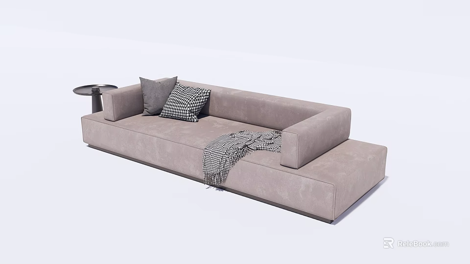 Modern Light Gray Sectional Sofa With Plaid Cushion And Striped Throw Blanket 3d model