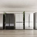 Various Style Refrigerators in Silver Black White Colors Lined Up in Modern Interior with Plants