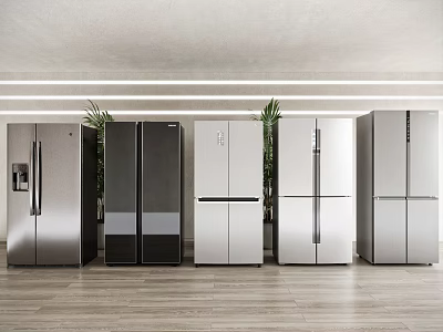 Various Style Refrigerators in Silver Black White Colors Lined Up in Modern Interior with Plants 3d model