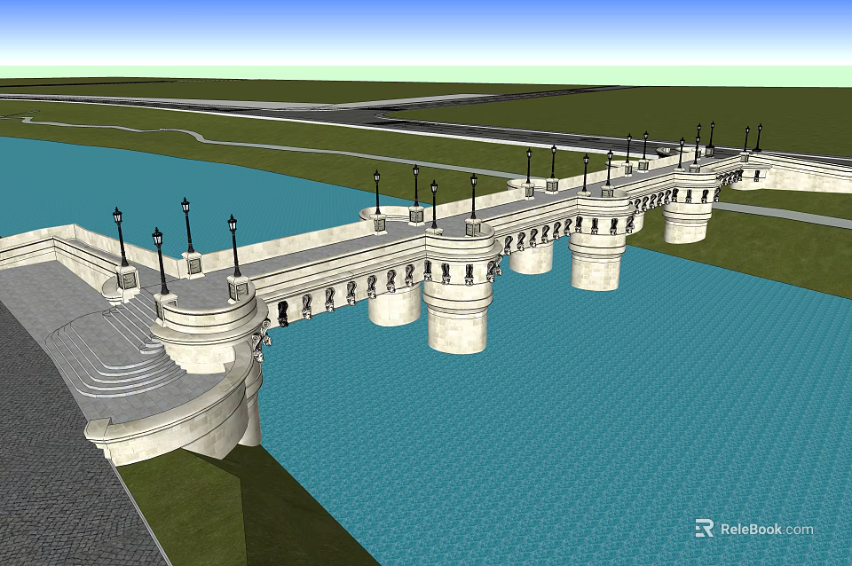 Classical Stone Bridge with Lamp Posts and Arches Over Blue Water 3d model 