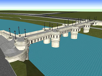 Classical Stone Bridge with Lamp Posts and Arches Over Blue Water 3d model