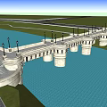 Classical Stone Bridge with Lamp Posts and Arches Over Blue Water