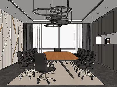 Modern Conference Room With Wooden Table Black Office Chairs Circular Pendant Lights And Large Windows 3d model