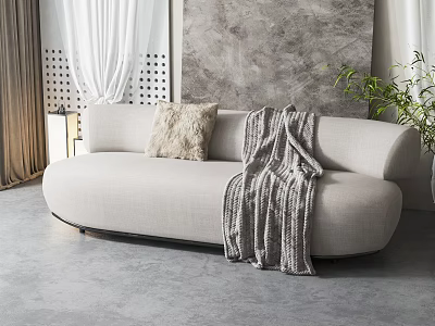 Gray Sectional Sofa with Beige Throw Pillow Knitted Blanket and Curtains in Living Room 3d model
