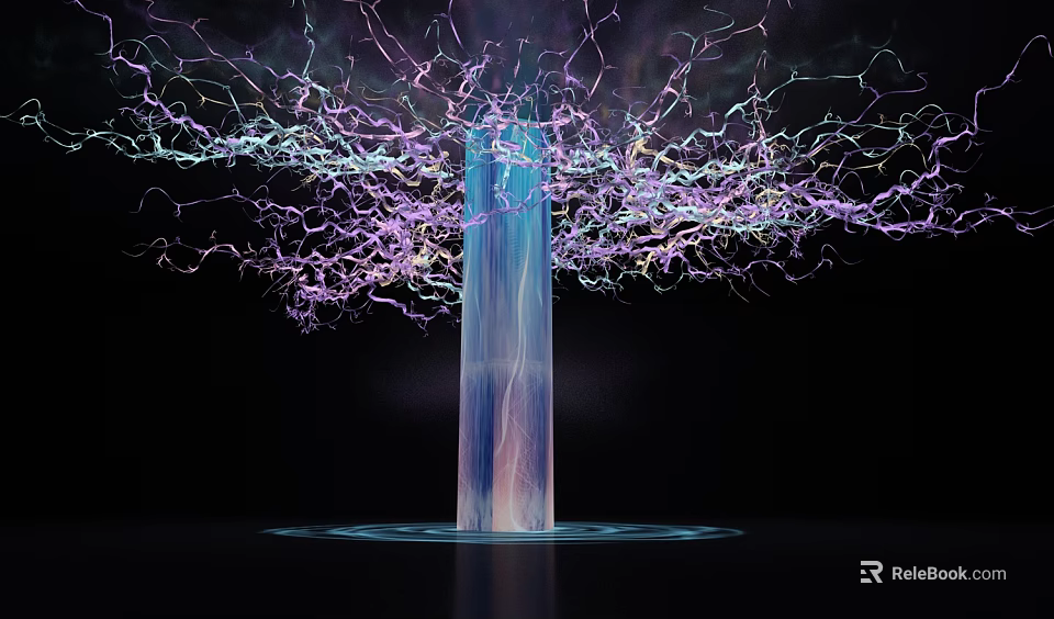 Modern Decorative Lamp With Branch Like Glowing Lines Purple Blue Green Lights And Column Structure 3d model 