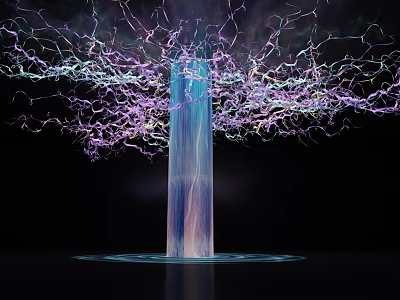 Modern Decorative Lamp With Branch Like Glowing Lines Purple Blue Green Lights And Column Structure 3d model