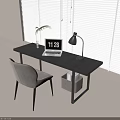 Modern Black Desk With Laptop Lamp Chair Storage Basket And Green Plant By Blinds