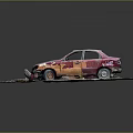 Abandoned Damaged Car With Pink Orange Paint Surrounded By Trash And Debris