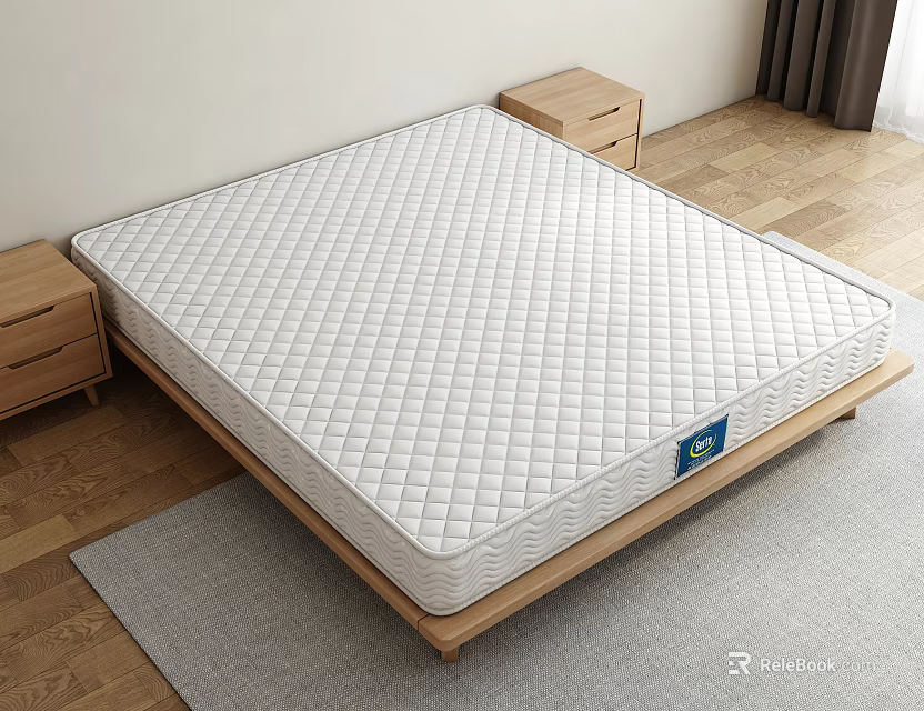 Single Bed with Diamond Quilted Mattress Wooden Frame Nightstands And Gray Rug On Wooden Floor 3d model 