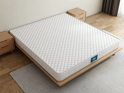 Single Bed with Diamond Quilted Mattress Wooden Frame Nightstands And Gray Rug On Wooden Floor 3d model
