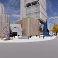 Modern Commercial Street With Glass Facade Buildings Yellow Trees And Traffic Lights