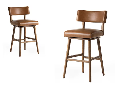 Two Modern Brown Leather Bar Stools With Wooden Legs And Backrest 3d model