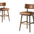 Two Modern Brown Leather Bar Stools With Wooden Legs And Backrest