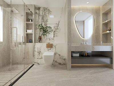 Modern Bathroom With Glass Shower Round Mirror Wall Hung Toilet And Green Plant 3d model