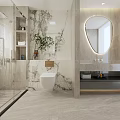 Modern Bathroom With Glass Shower Round Mirror Wall Hung Toilet And Green Plant