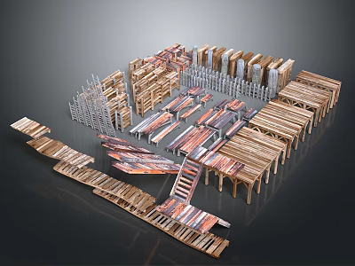 Collection of Wooden Construction Components Including Planks Frames Staircases And Shelves 3d model