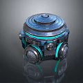 Futuristic Metallic Circular Weapon With Blue Glowing Lines And Dual Bottom Emitters