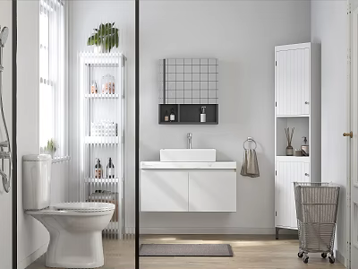 Modern Bathroom White Vanity With Grid Mirror Plants White Cabinets And Wooden Floor 3d model