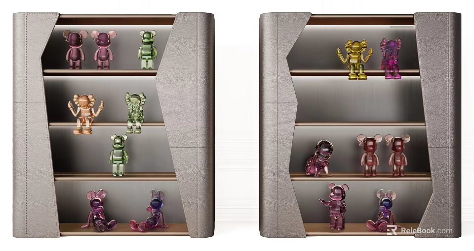 Modern Bookcase With Multiple Shelves Displaying Colorful Collectible Figurines 3d model 