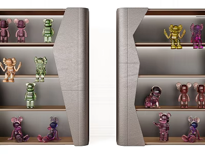 Modern Bookcase With Multiple Shelves Displaying Colorful Collectible Figurines 3d model