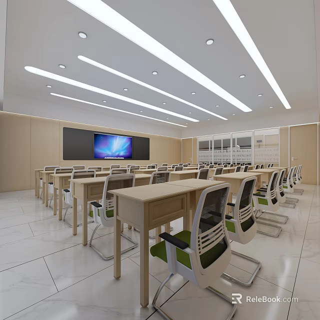 School Modern Classroom With Desks Chairs TV Screen White Ceiling And Wooden Walls 3d model 