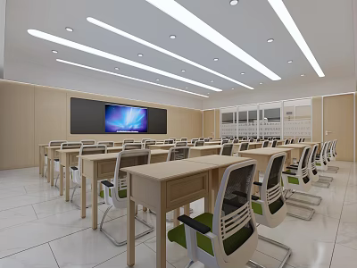 School Modern Classroom With Desks Chairs TV Screen White Ceiling And Wooden Walls 3d model