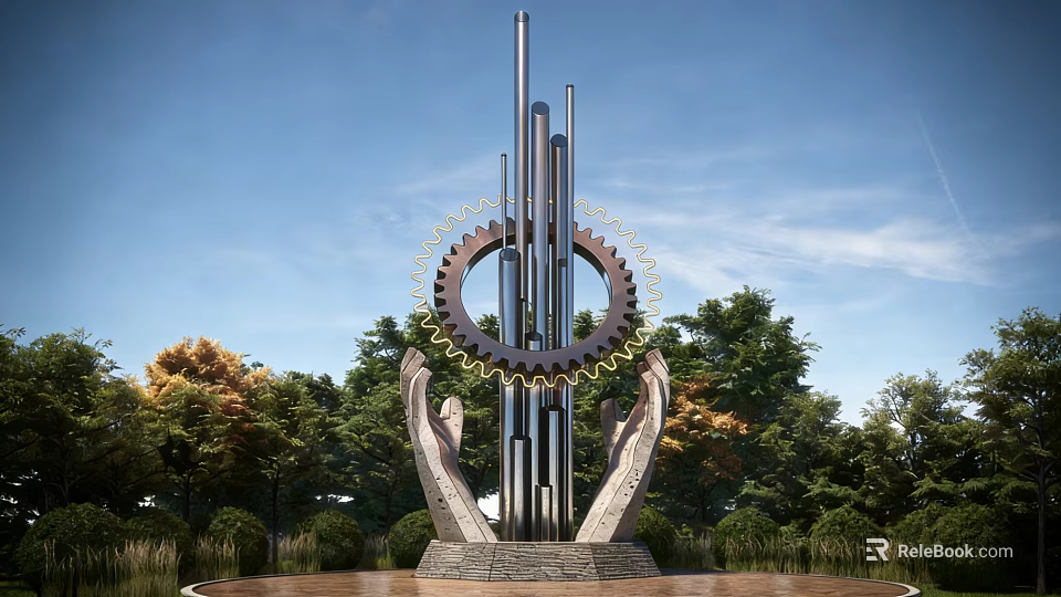 Modern Landscape Sculpture With Metal Columns Gear Rings And Hand Shaped Base Under Blue Sky 3d model 