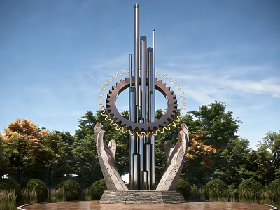 Modern Landscape Sculpture With Metal Columns Gear Rings And Hand Shaped Base Under Blue Sky 3d model