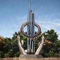 Modern Landscape Sculpture With Metal Columns Gear Rings And Hand Shaped Base Under Blue Sky