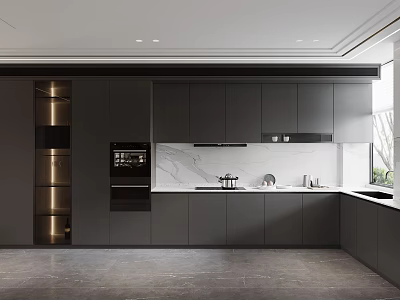 Modern Kitchen Interior Design With Dark Gray Cabinets Marble Countertop And Built in Appliances 3d model