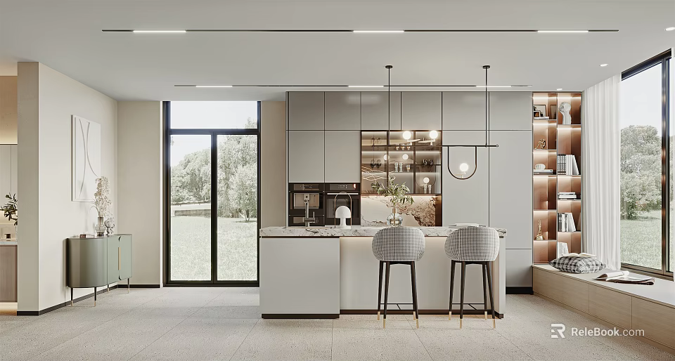 Modern Bar Area Design With Counter Stools And Pendant Lights 3d model 