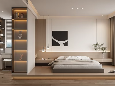 Modern Bedroom Interior With Platform Bed Accent Wall Abstract Art And Pendant Lights 3d model