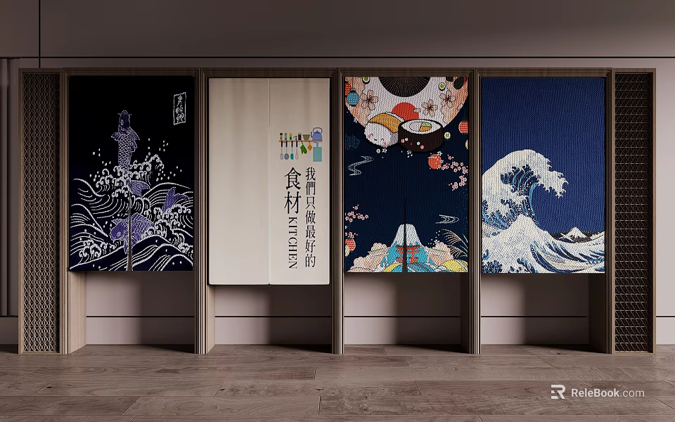Traditional Japanese Style Curtains With Decorative Wave Floral And Character Patterns 3d model 