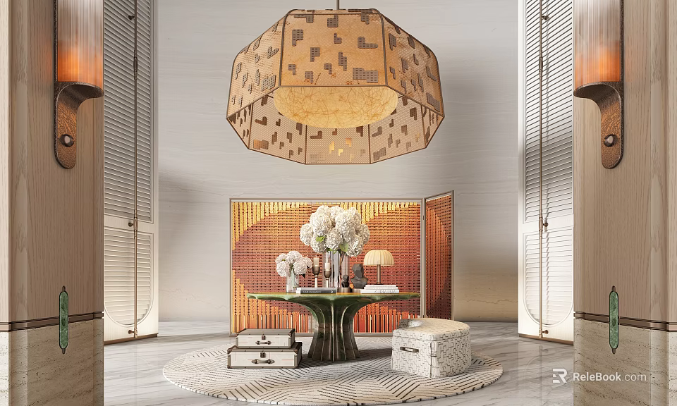 Elegant Hotel Lobby Interior With Intricate Chandelier Floral Arrangement And Artistic Wall Panel 3d model 