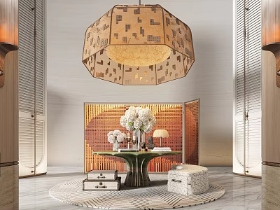 Elegant Hotel Lobby Interior With Intricate Chandelier Floral Arrangement And Artistic Wall Panel 3d model